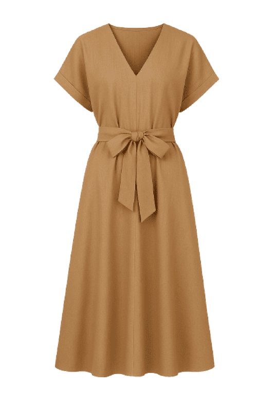 Beige Linen Style Belted Midi Dress