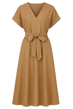 Load image into Gallery viewer, Beige Linen Style Belted Midi Dress