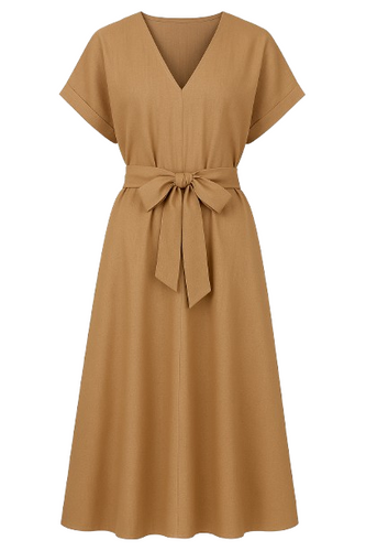 Beige Linen Style Belted Midi Dress