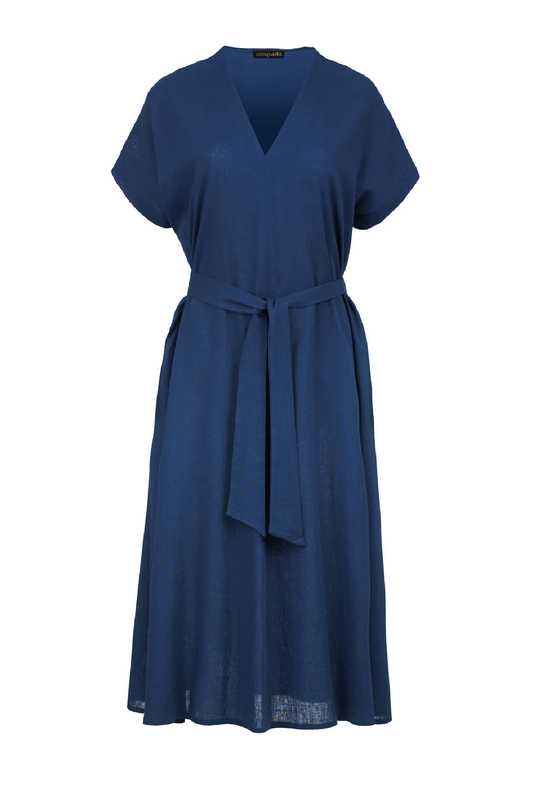 Blue Linen Style Belted Midi Dress