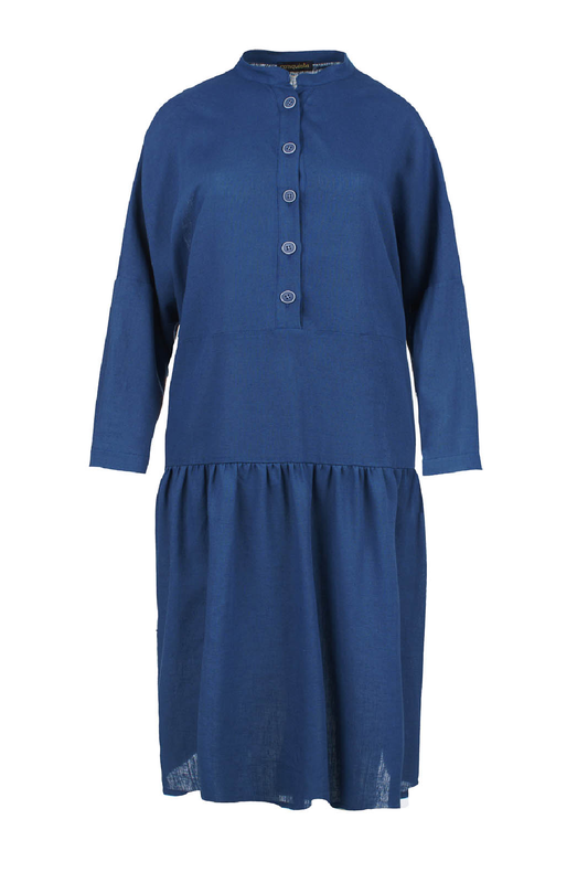 Linen Style Oversized Blue Dress with Buttons