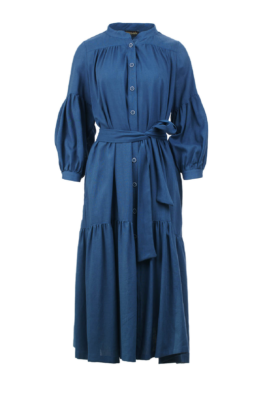Linen Style Blue Dress with Pockets