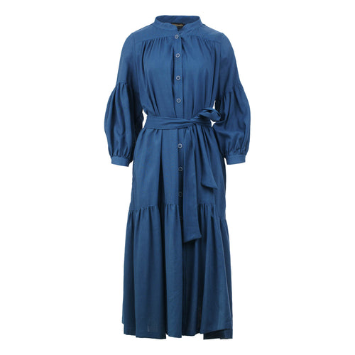 Linen Style Blue Dress with Pockets