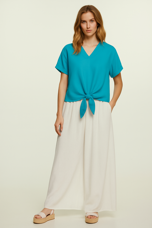 Cerulean Charm Viscose Tie-Front Blouse