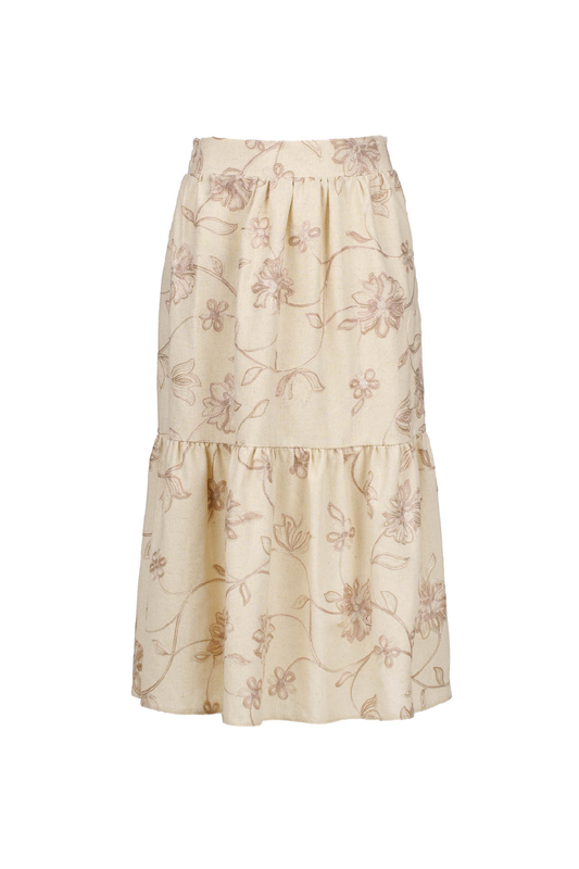 Ecru Embroidered Floral Midi Skirt