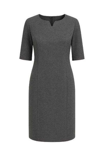 Wool Silk Acrylic Blend Woven Straight Dress with Elbow Sleeves and Faux Pockets