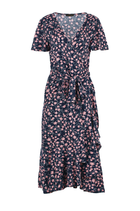 Conquista Φόρεμα Midi Casual Κοντομάνικο Κρουαζέ Με Ζώνη Floral Βισκόζη Μπλε C241-001-41