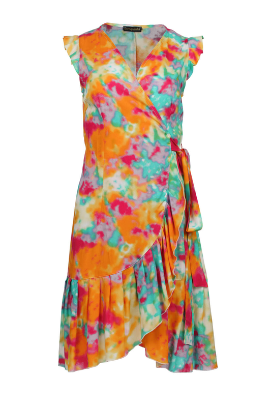 Vibrant Wrap Dress with Ruffled Hem - Multicolor