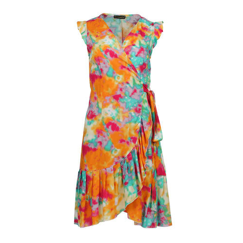 Vibrant Wrap Dress with Ruffled Hem - Multicolor