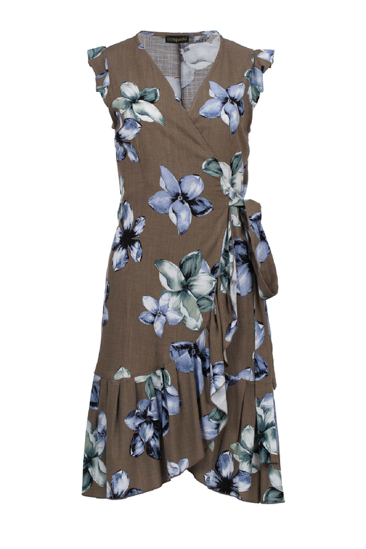 Conquista Φόρεμα Midi Casual Αμάνικο Κρουαζέ Με Βολάν Floral Βισκόζη Καφέ C241-009-51