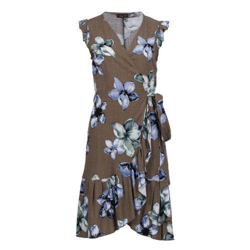 Floral Wrap Dress with Ruffled Hem - Linen-Style Viscose