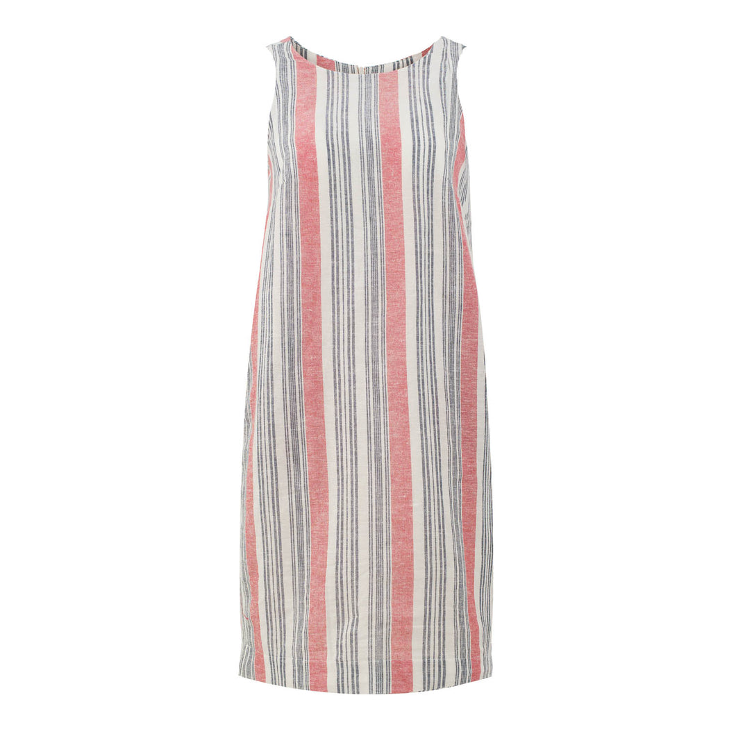 Coral Striped Cotton-Linen Dress with Pockets