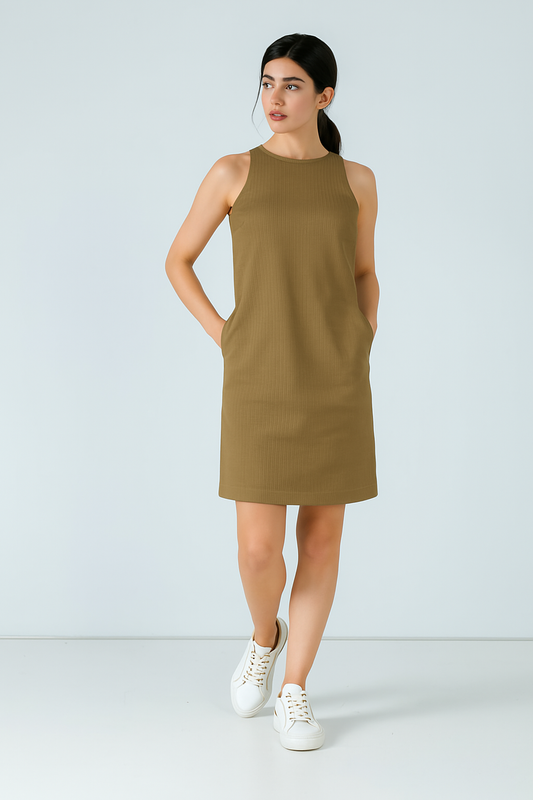 Conquista Φόρεμα Mini Casual Αμάνικο Στρογγυλή Λαιμόκοψη Μονόχρωμο Tencel Χακί C241-012-42