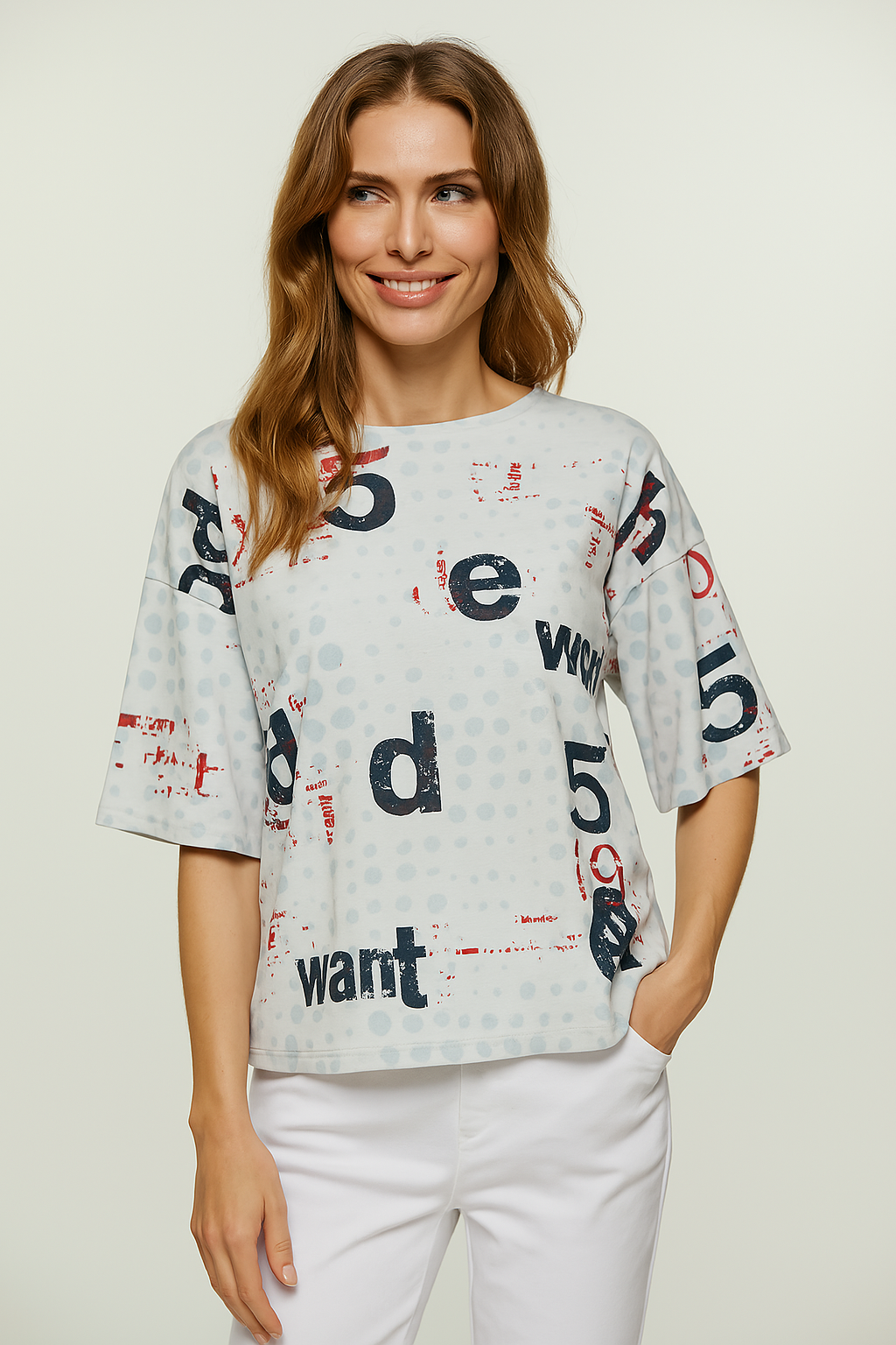 Oversized Cotton Ripstop Printed T-Shirt with Elbow-Length Sleeves