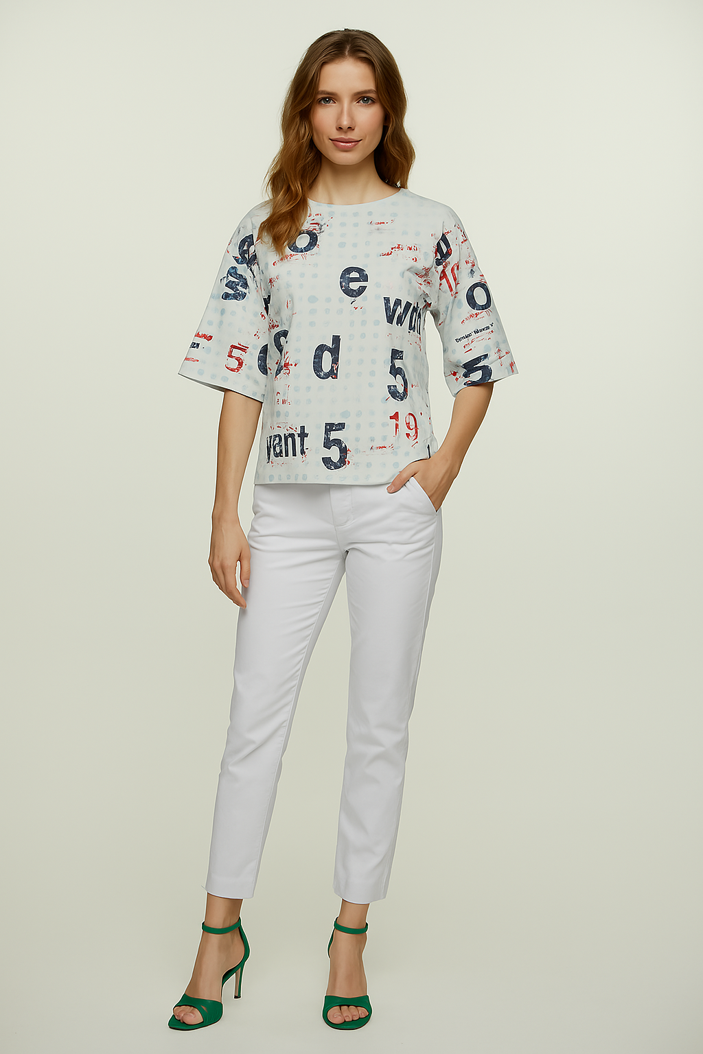 Oversized Cotton Ripstop Printed T-Shirt with Elbow-Length Sleeves