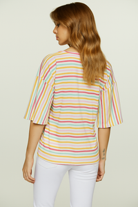 Striped Oversized Cotton Ripstop Top with Elbow-Length Sleeves