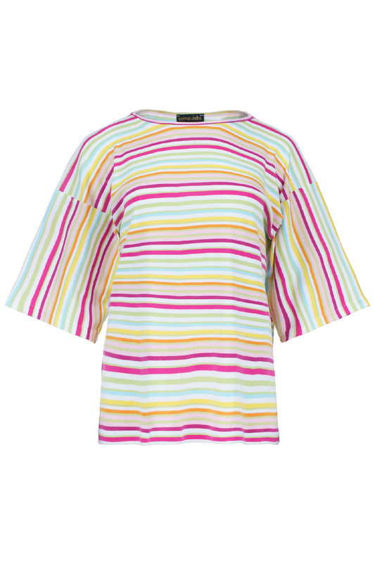 Striped Oversized Cotton Ripstop Top with Elbow-Length Sleeves