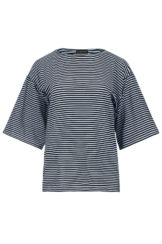 Striped Oversized Viscose-Elastane Top with Elbow-Length Sleeves