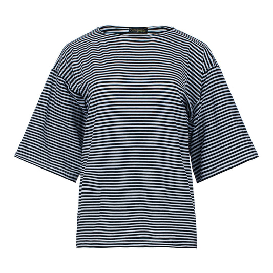 Striped Oversized Viscose-Elastane Top with Elbow-Length Sleeves