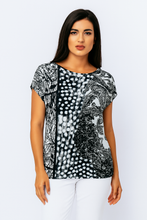 Load image into Gallery viewer, Black and White Print Egg-Shaped Jersey Top – Viscose Blend
