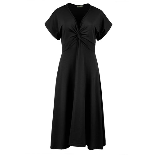 Elegant V-Neck Jersey Dress with Knotted Detail - Black