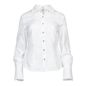 White Poplin Button-Up Shirt with Decorative Stitching