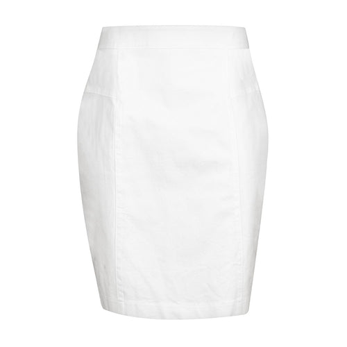 Chic White Cotton-Elastane Pencil Skirt with Decorative Stitching & Hidden Zipper