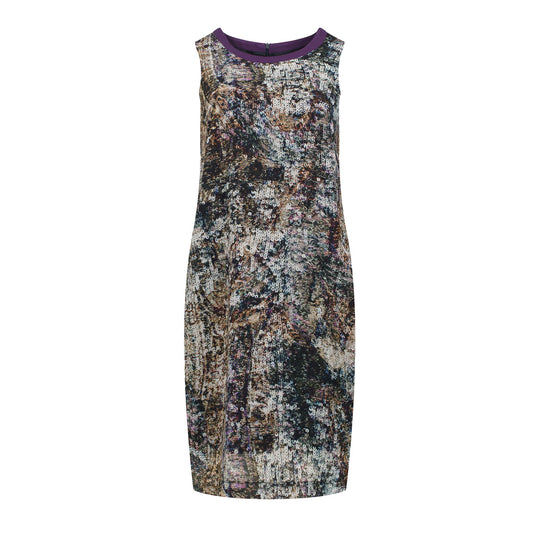 Abstract Print Satin Dress with Contrast Neckline