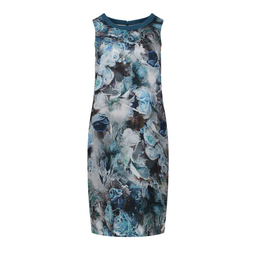 Floral Print Sleeveless Dress with Hidden Zip - Teal Blue