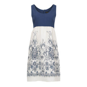 Elegant Sleeveless A-Line Dress with Embroidered Skirt - Blue and White