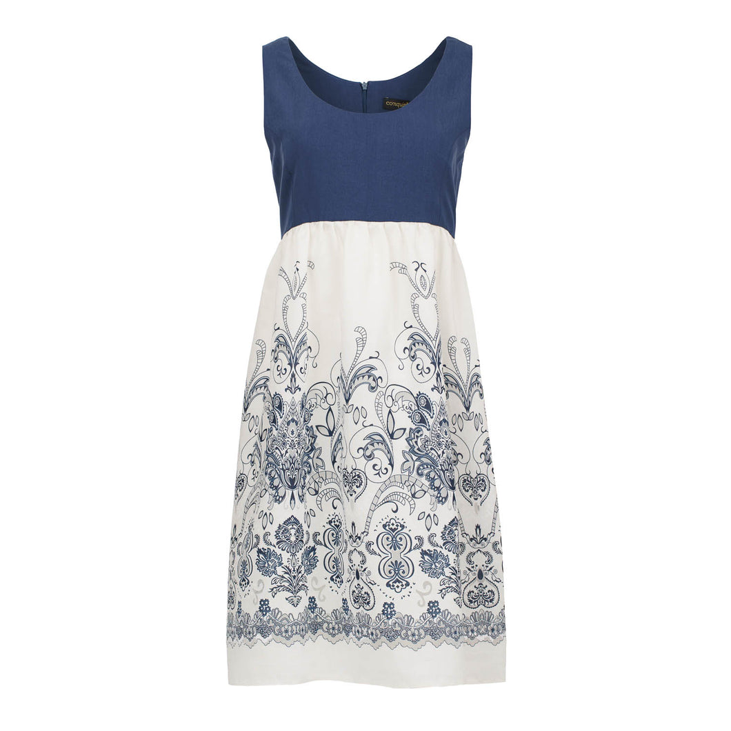 Elegant Sleeveless A-Line Dress with Embroidered Skirt - Blue and White