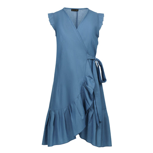 Chic Sleeveless Wrap Dress with Ruffled Hem - Blue