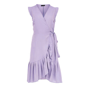 Lilac Sleeveless Ruffled Wrap Dress in Viscose Poplin