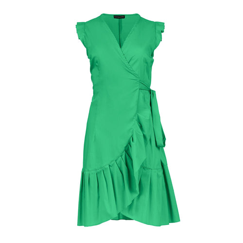 Green Sleeveless Ruffled Wrap Dress in Viscose Poplin