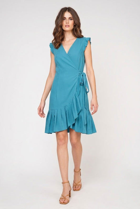 Teal Sleeveless Ruffled Wrap Dress in Viscose Poplin