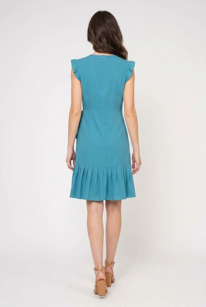 Teal Sleeveless Ruffled Wrap Dress in Viscose Poplin