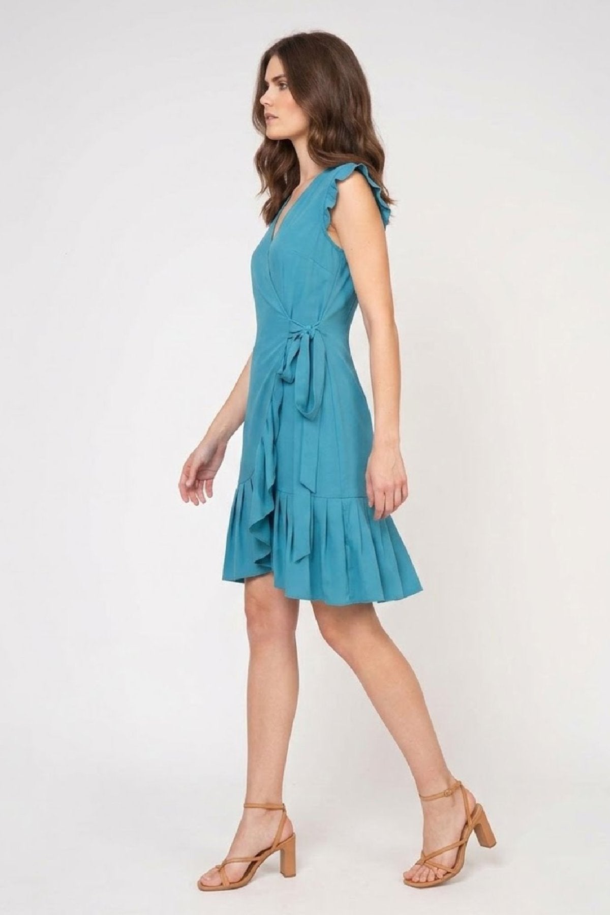 Teal Sleeveless Ruffled Wrap Dress in Viscose Poplin