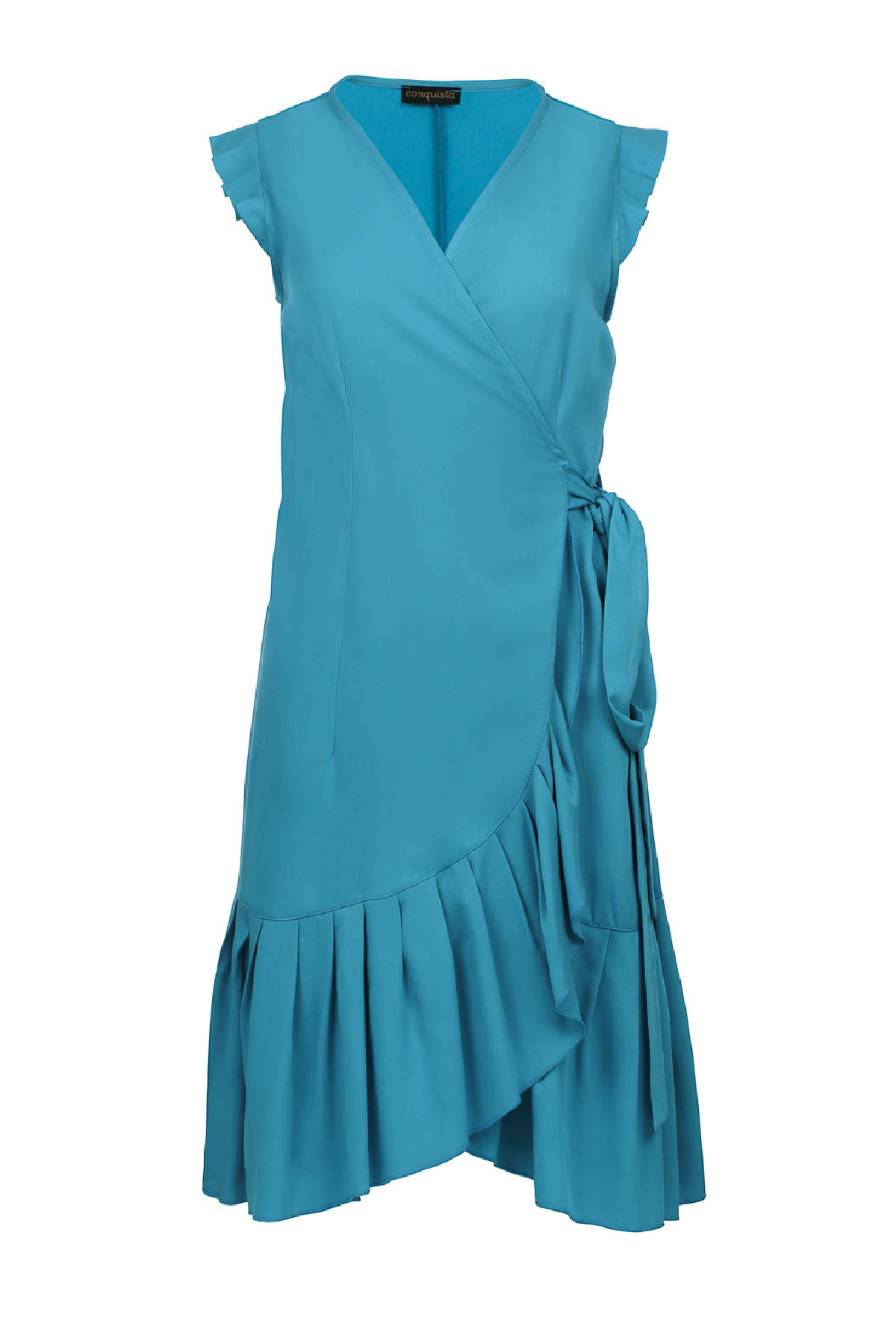 Teal Sleeveless Ruffled Wrap Dress in Viscose Poplin
