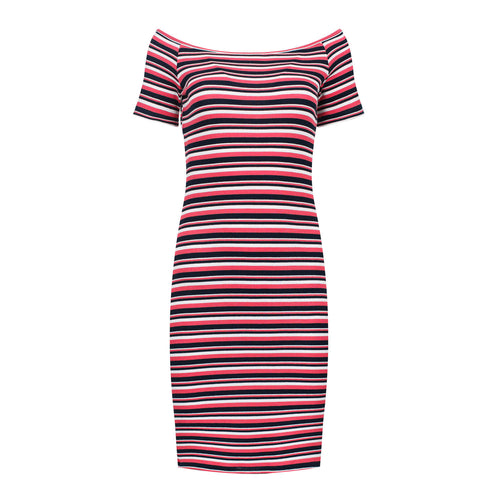 Striped Off-Shoulder Fitted Dress - Red and Black