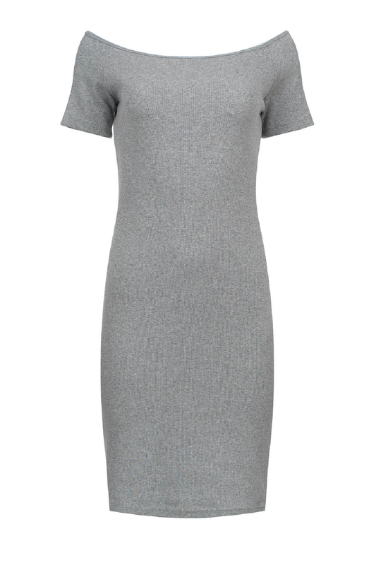 Conquista Φόρεμα Midi Casual Κοντομάνικο Off-Shoulder Μονόχρωμο Βαμβάκι Γκρι C241-111-02