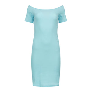 Off-Shoulder Ribbed Dress - Aqua Blue, One Size