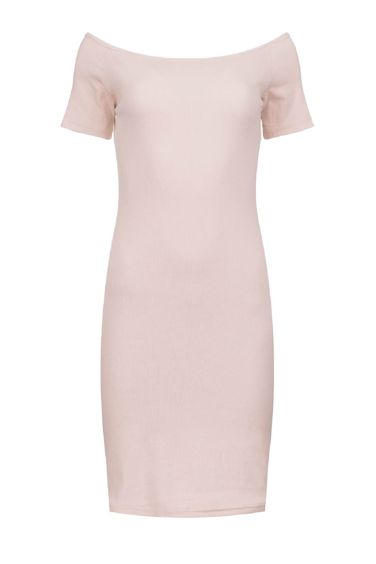 Soft Blush Pink Off-Shoulder Fitted Dress