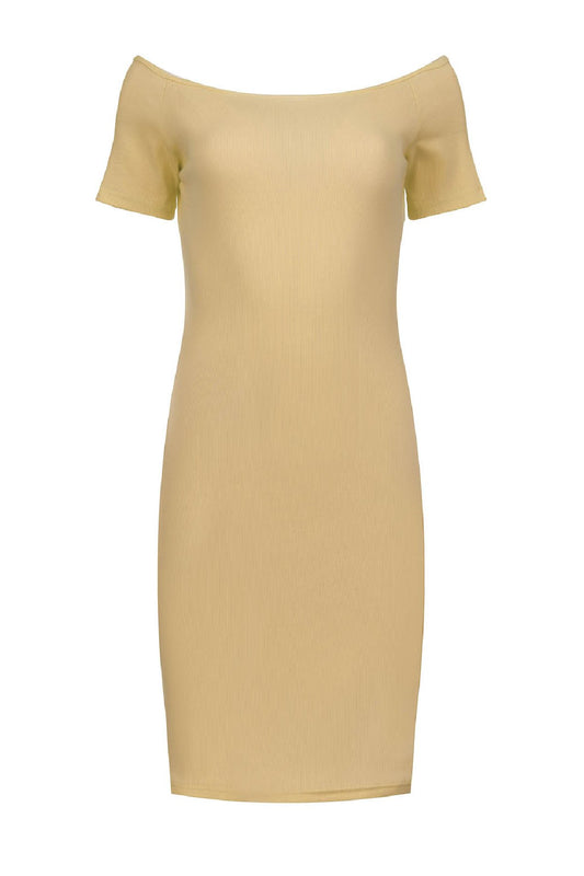 Κομψό μπεζ φόρεμα μίντι με έξω τους ώμους και ριμπ ύφανση