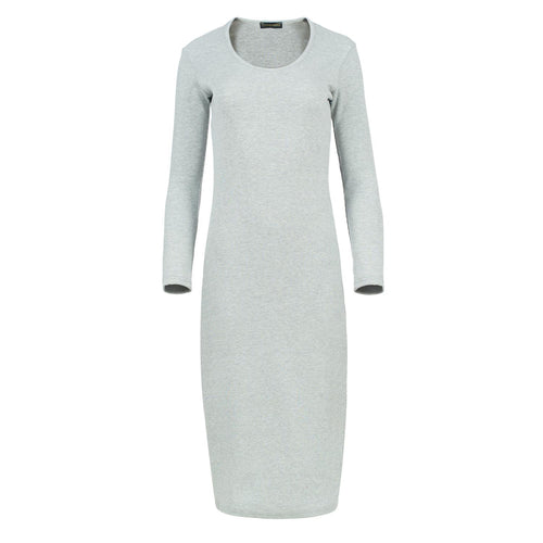 Long Sleeve Round Neck Midi Dress in Ribbed Cotton-Elastane Gray Melange