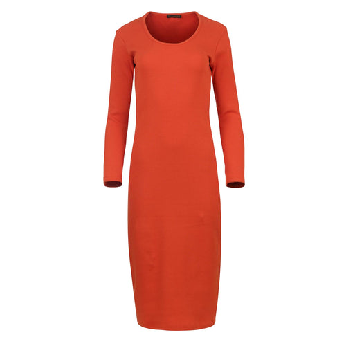 Long Sleeve Round Neck Midi Dress in Ribbed Cotton-Elastane Dark Orange