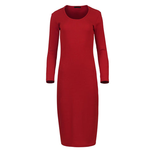 Long Sleeve Round Neck Midi Dress in Ribbed Cotton-Elastane Red