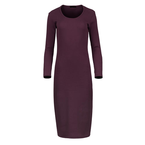 Long Sleeve Round Neck Midi Dress in Ribbed Cotton-Elastane Wine