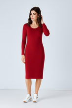 Load image into Gallery viewer, Long Sleeve Round Neck Midi Dress in Ribbed Cotton-Elastane Mulberry
