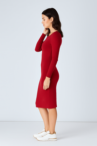 Long Sleeve Round Neck Midi Dress in Ribbed Cotton-Elastane Mulberry