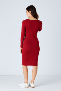 Long Sleeve Round Neck Midi Dress in Ribbed Cotton-Elastane Mulberry